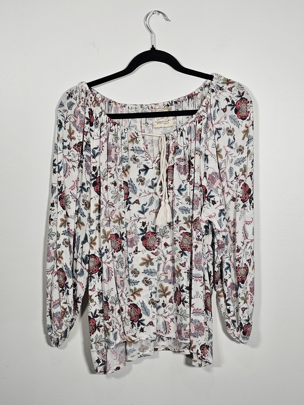 Denim & Supply Ralph Lauren Ivory Floral Peasant Blouse with Tassel Tie Sz - XL